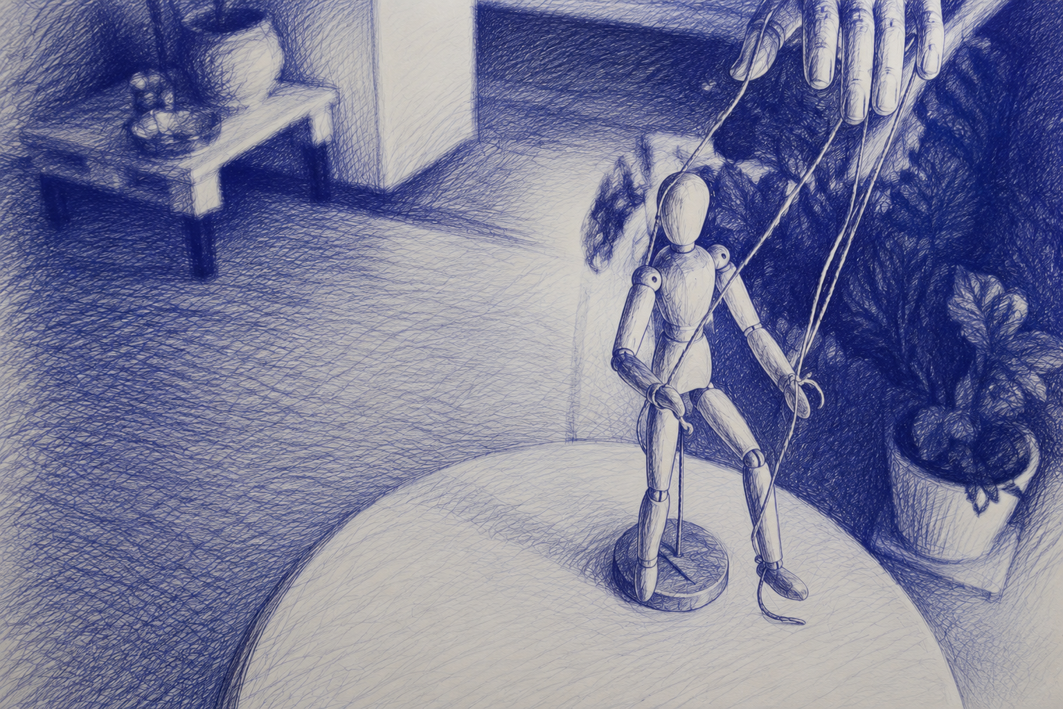 Drewniana marionetka sterowana za pomocą sznurków przez ludzką dłoń – ilustracja symbolizująca manipulację emocjonalną i wywieranie wpływu na dziecko.